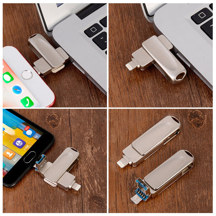 "Hopeanvärinen 3-in-1 USB-muistitikku metallirungolla, liitännät iOS, Android, PC; tyylikäs ja monipuolinen käyttää."