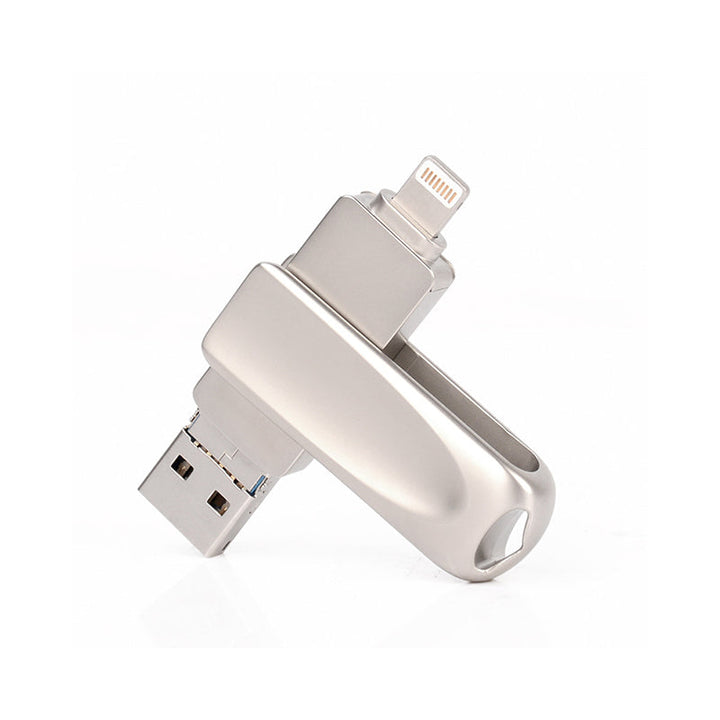 "Hopeanvärinen 3-in-1 USB-muistitikku metallirungolla, liitännät iOS, Android, PC; tyylikäs ja monipuolinen käyttää."