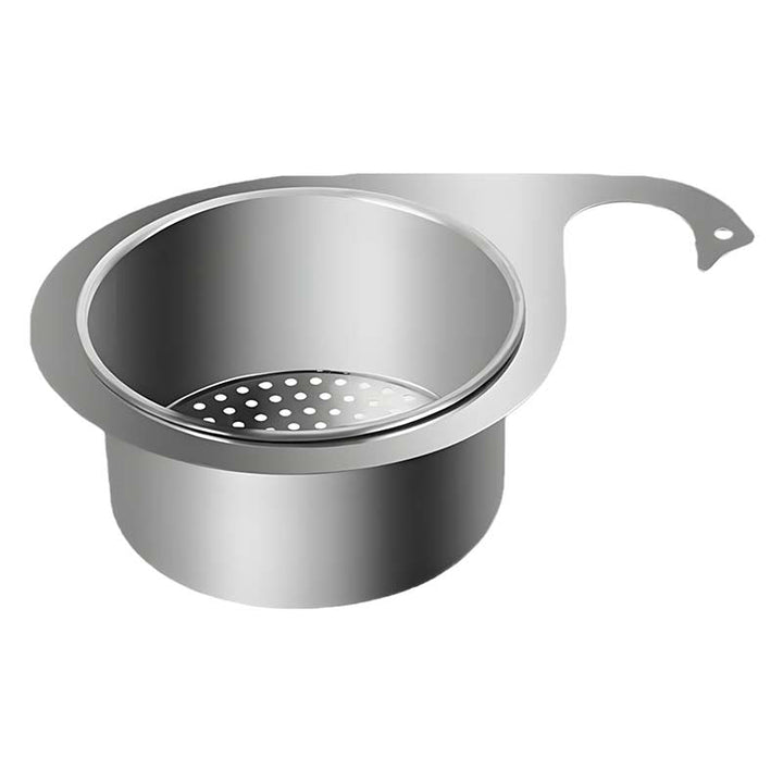 "Hopeanvärinen joutsenmallinen ruostumaton tiskialtaan siivilä, elegantti ja kestävä design keittiöön."