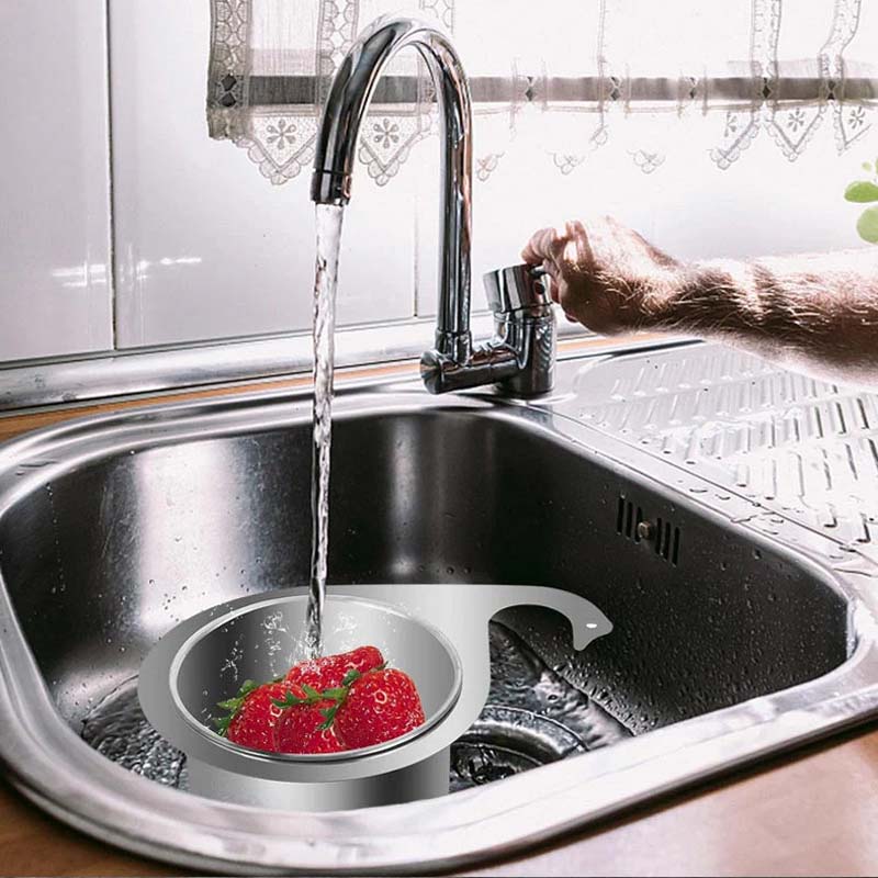 "Hopeanvärinen joutsenmallinen ruostumaton tiskialtaan siivilä, elegantti ja kestävä design keittiöön."