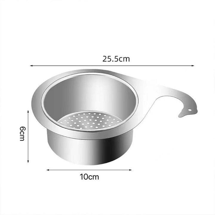 "Hopeanvärinen joutsenmallinen ruostumaton tiskialtaan siivilä, elegantti ja kestävä design keittiöön."