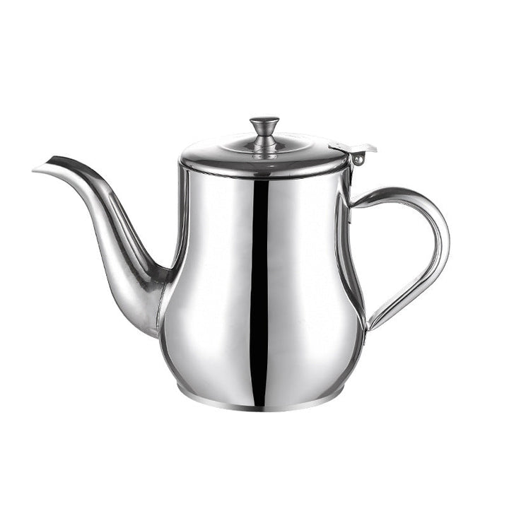 Sølvfarvet oliebeholder i rustfrit stål med si, ergonomisk håndtag, buet tud, støvtæt låg.