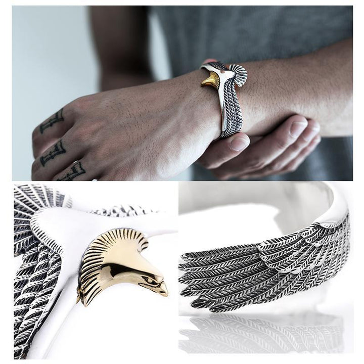 Mænds sølv armbånd med ørne-tema, justerbar størrelse, sølv og guld farver, lavet af kobber.