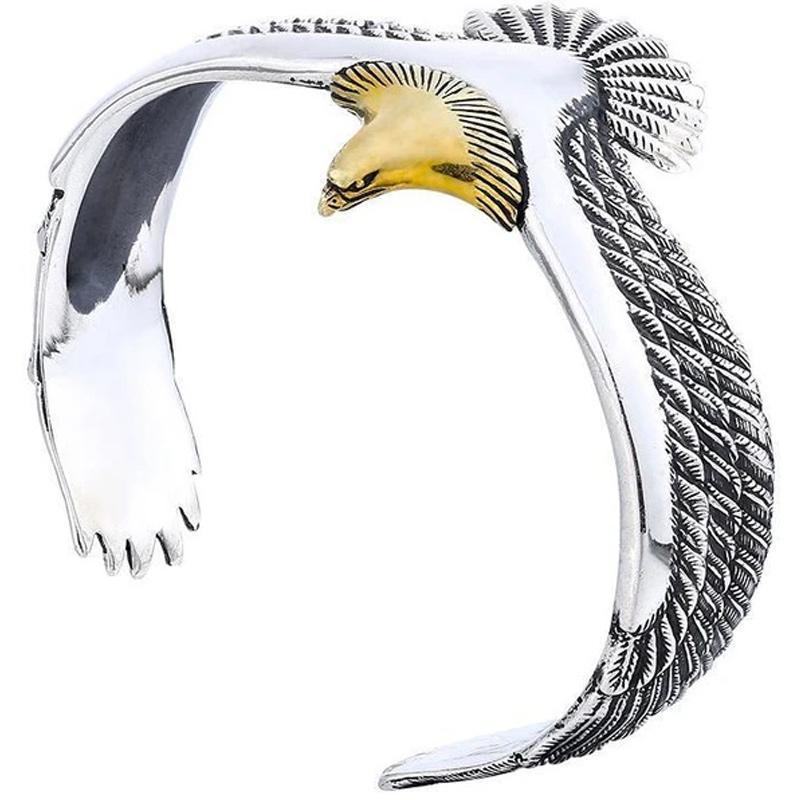 Mænds sølv armbånd med ørne-tema, justerbar størrelse, sølv og guld farver, lavet af kobber.