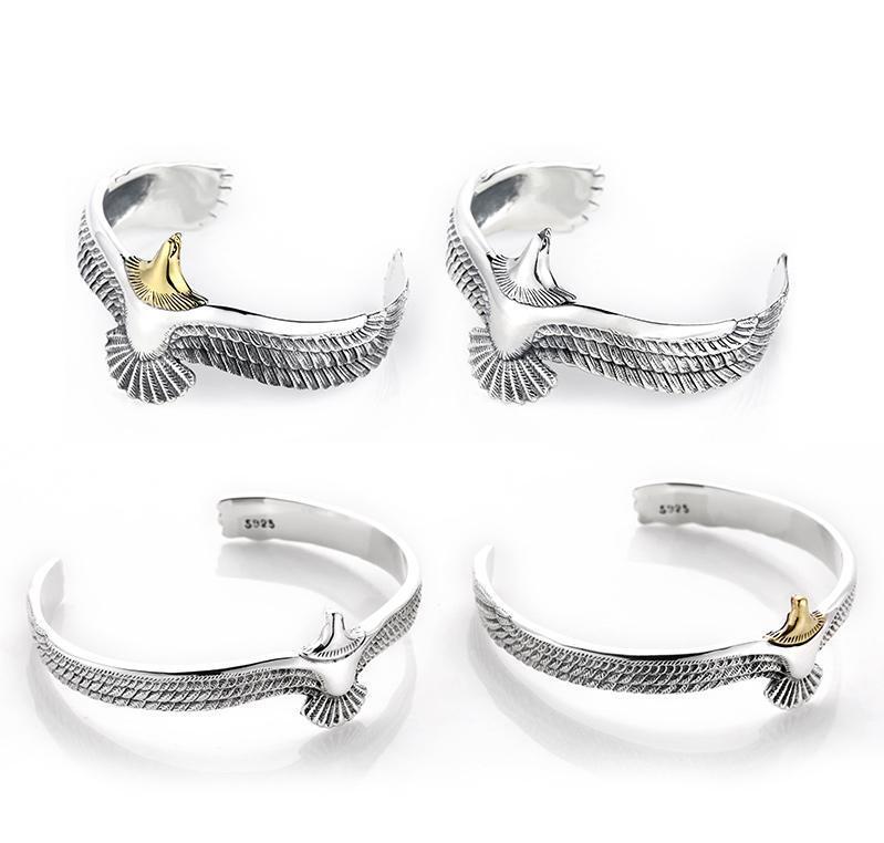 Mænds sølv armbånd med ørne-tema, justerbar størrelse, sølv og guld farver, lavet af kobber.