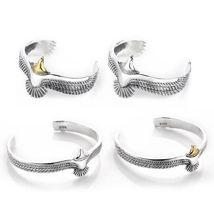 Mænds sølv armbånd med ørne-tema, justerbar størrelse, sølv og guld farver, lavet af kobber.