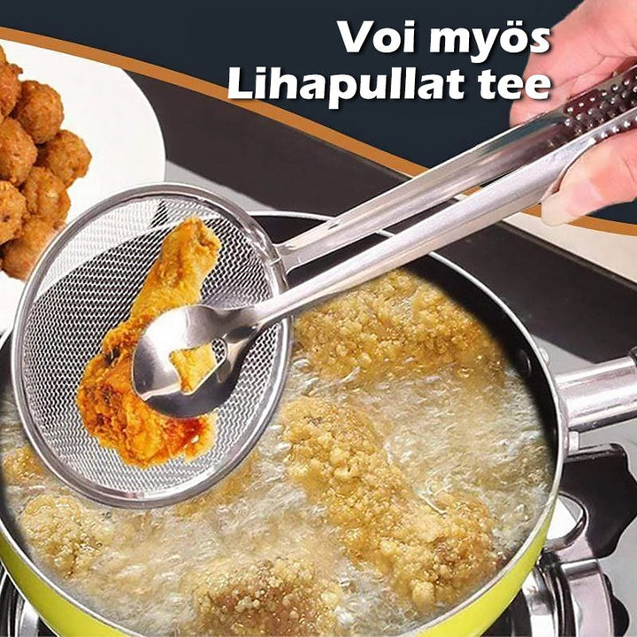 Sølvfarvet si-tang i rustfrit stål, der kombinerer si og tang til multifunktionel madlavning.