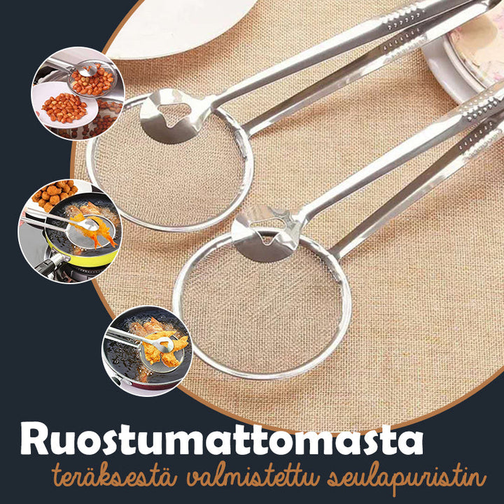 Sølvfarvet si-tang i rustfrit stål, der kombinerer si og tang til multifunktionel madlavning.