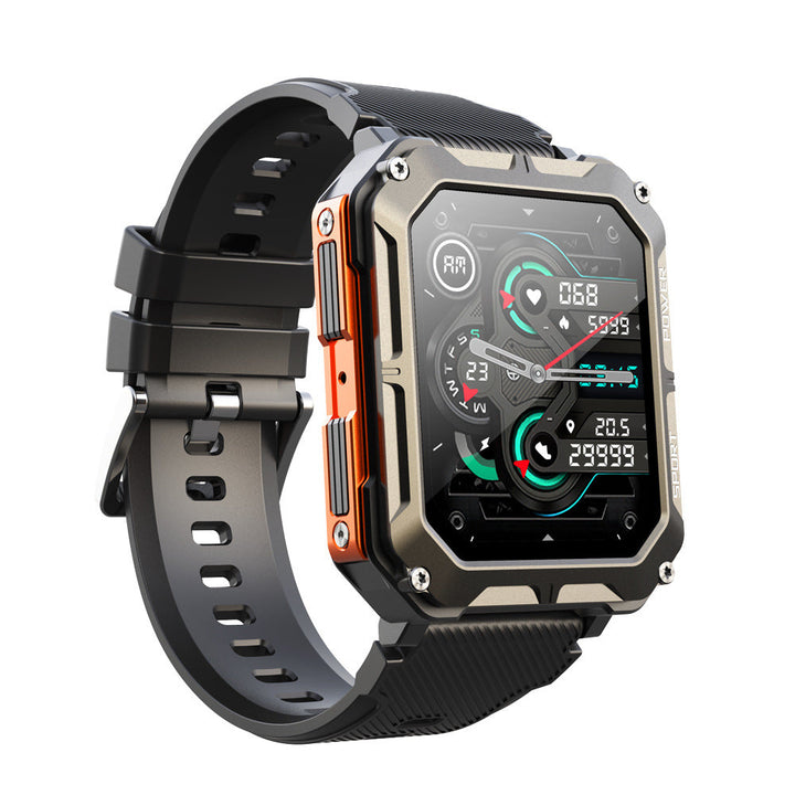 "IP68 vedenkestävä miesten ulkoilu-smartwatch, suuri näyttö, musta runko, design kestävä ääriolosuhteisiin"