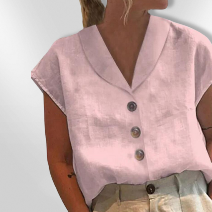 Dame bluse med bred krave, store dekorative knapper, blødt materiale, flere farver.