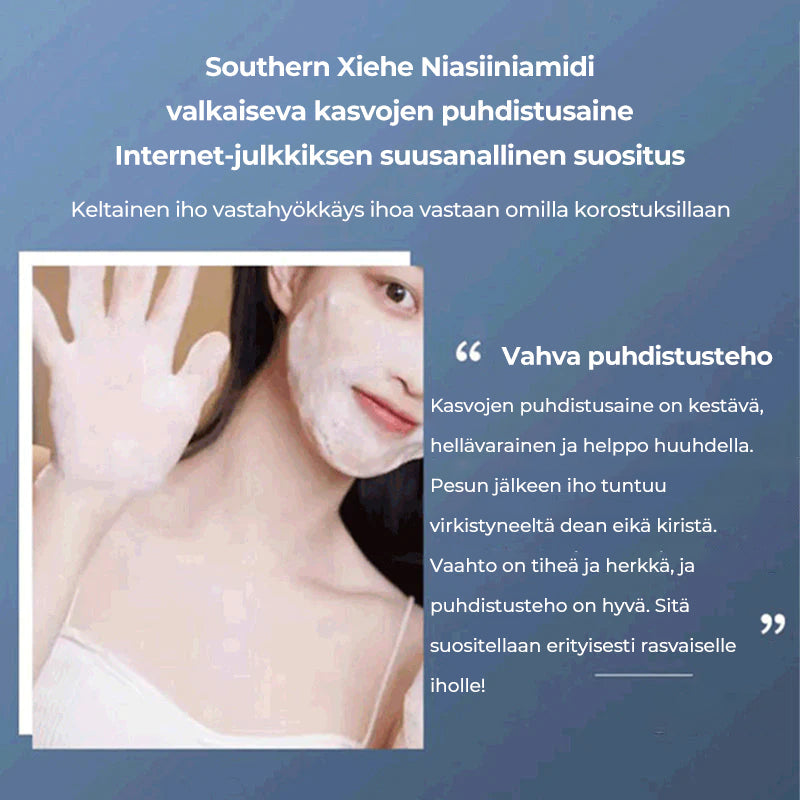 Lysnende ansigtsrens, hvid tube med grønne detaljer, velegnet til alle hudtyper.