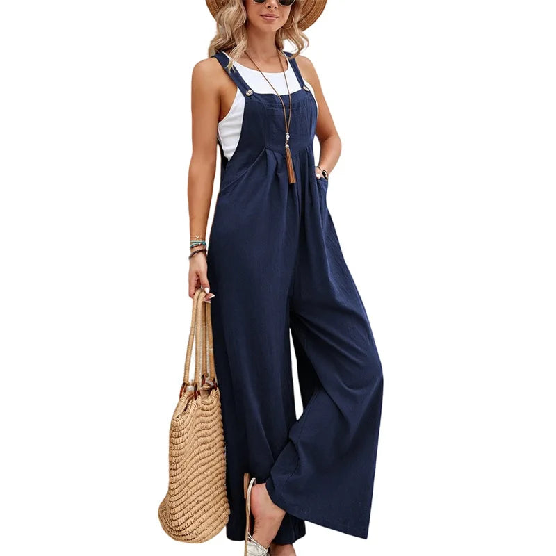 Ilmava naisten kesäjumpsuit, puuvilla-polyesteri, leveälahkeinen, olkaimellinen, rento ja tyylikäs muotoilu.