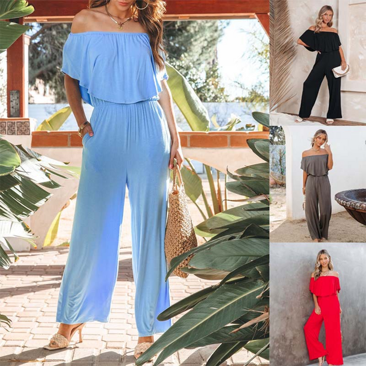 Luftige dame sommer overalls i grå, off-shoulder, afslappet pasform, åndbart stof, perfekt til sommerdage.