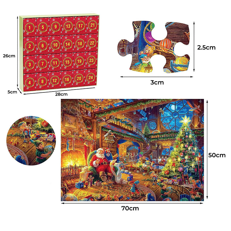 Glædelig julekalender puslespil; farverigt billede af Julemandens værksted, 1080 genanvendelige papbrikker, 50x70 cm.