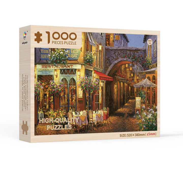 Glædelig julekalender puslespil; farverigt billede af Julemandens værksted, 1080 genanvendelige papbrikker, 50x70 cm.