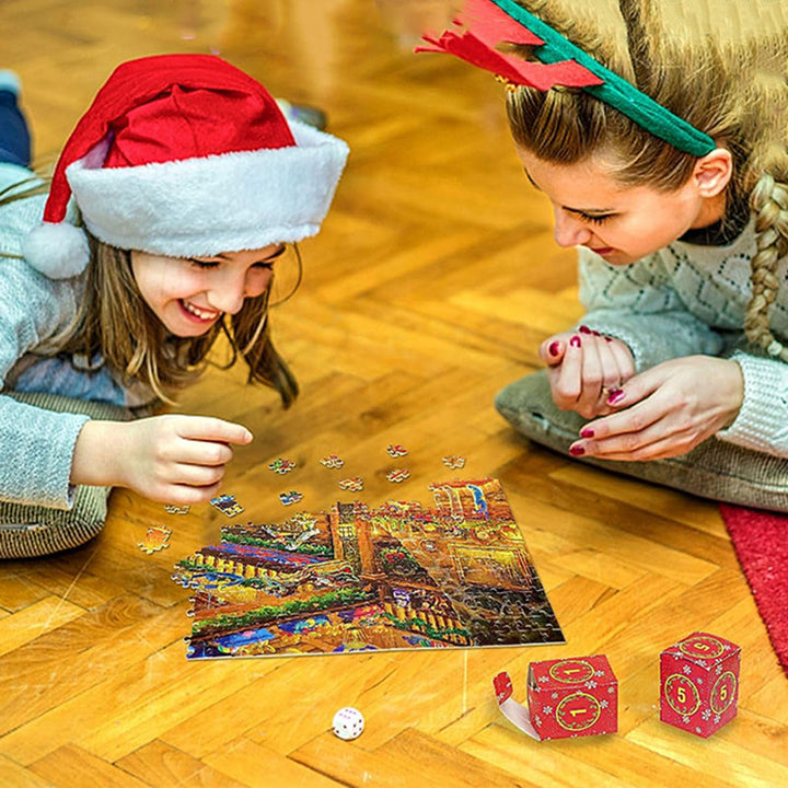 Glædelig julekalender puslespil; farverigt billede af Julemandens værksted, 1080 genanvendelige papbrikker, 50x70 cm.