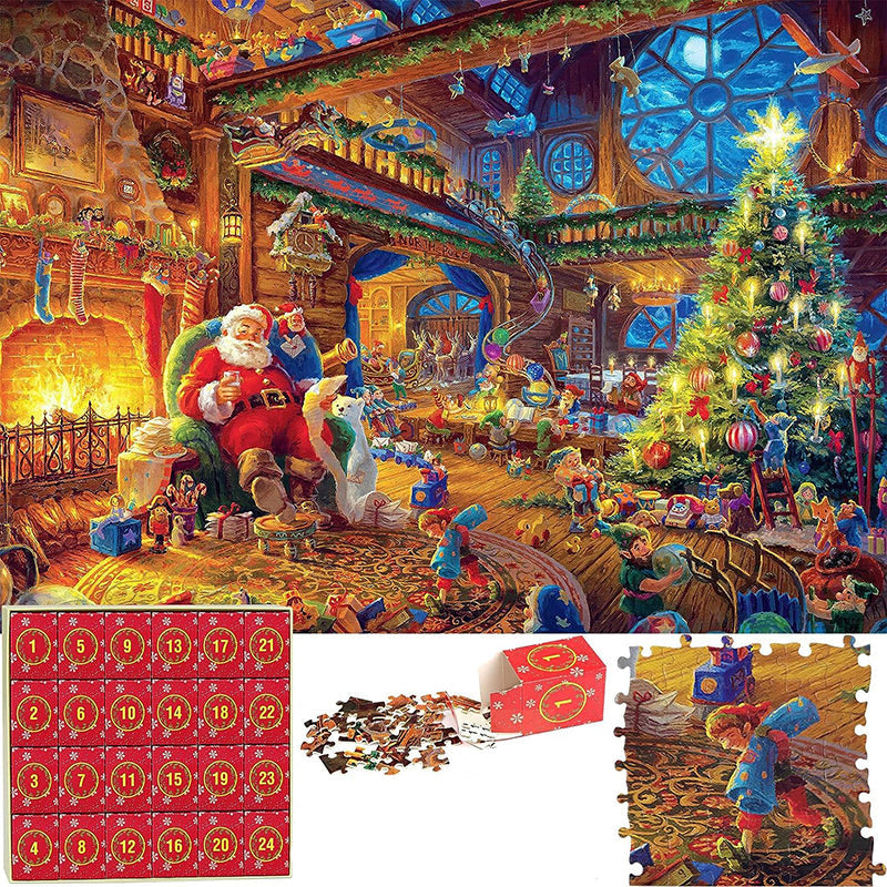Glædelig julekalender puslespil; farverigt billede af Julemandens værksted, 1080 genanvendelige papbrikker, 50x70 cm.