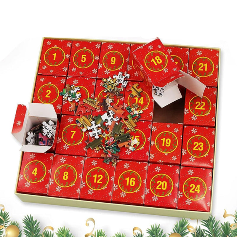 Glædelig julekalender puslespil; farverigt billede af Julemandens værksted, 1080 genanvendelige papbrikker, 50x70 cm.