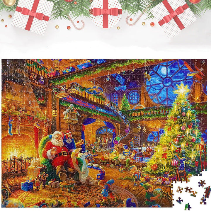Glædelig julekalender puslespil; farverigt billede af Julemandens værksted, 1080 genanvendelige papbrikker, 50x70 cm.