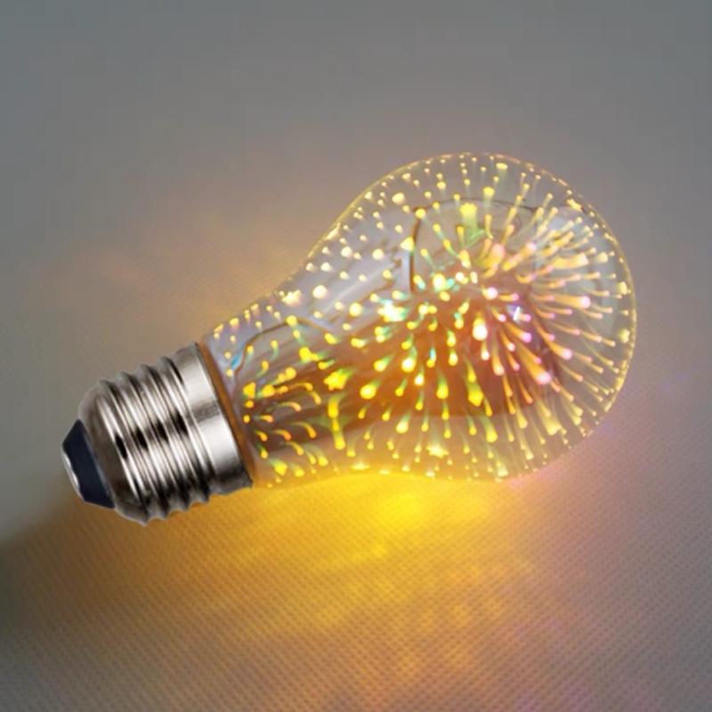 Fyrværkeri effekt LED-pære, farverig og dekorativ, velegnet til fester og indretning, med 3D-effekt.