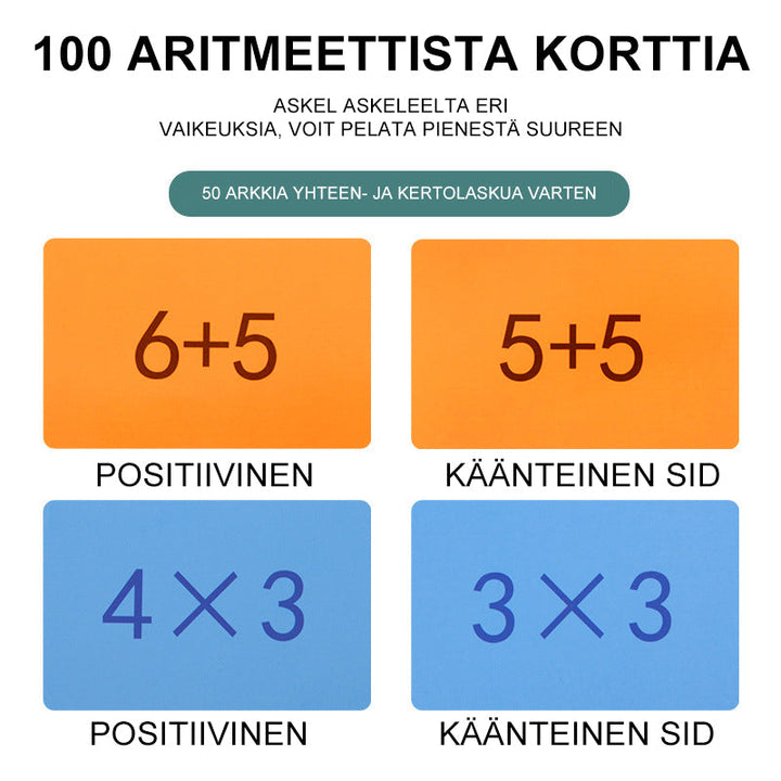 Interaktivt multiplikations- og additionsspil for børn, træstruktur, farverige kort, med tal til at udvikle færdigheder.