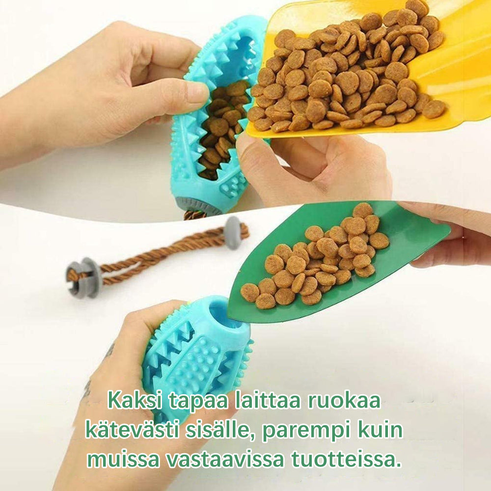 Interaktivt rød/hvidt silikone hundelegetøj med suger, der sidder fast på glatte overflader.