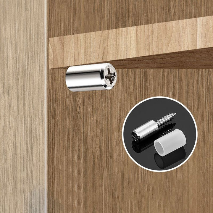 Selvskærende, sølvfarvede skruer til kabinet laminatstøtte, blank nikkelbelægning, 29x7,5mm, 20 kg bæreevne.