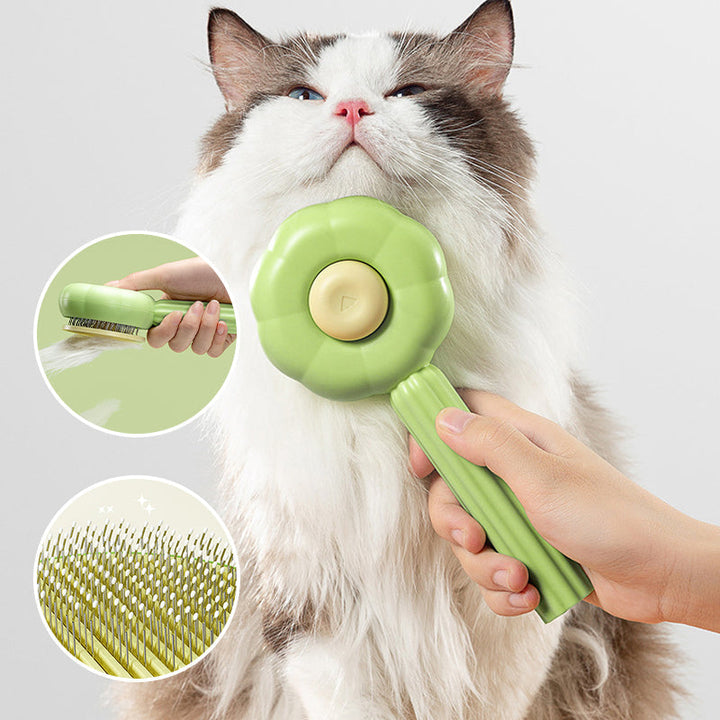 Selvrensende kæledyrsbørste, kaarede børster og ergonomisk håndtag; velegnet til hunde og katte til pelspleje.
