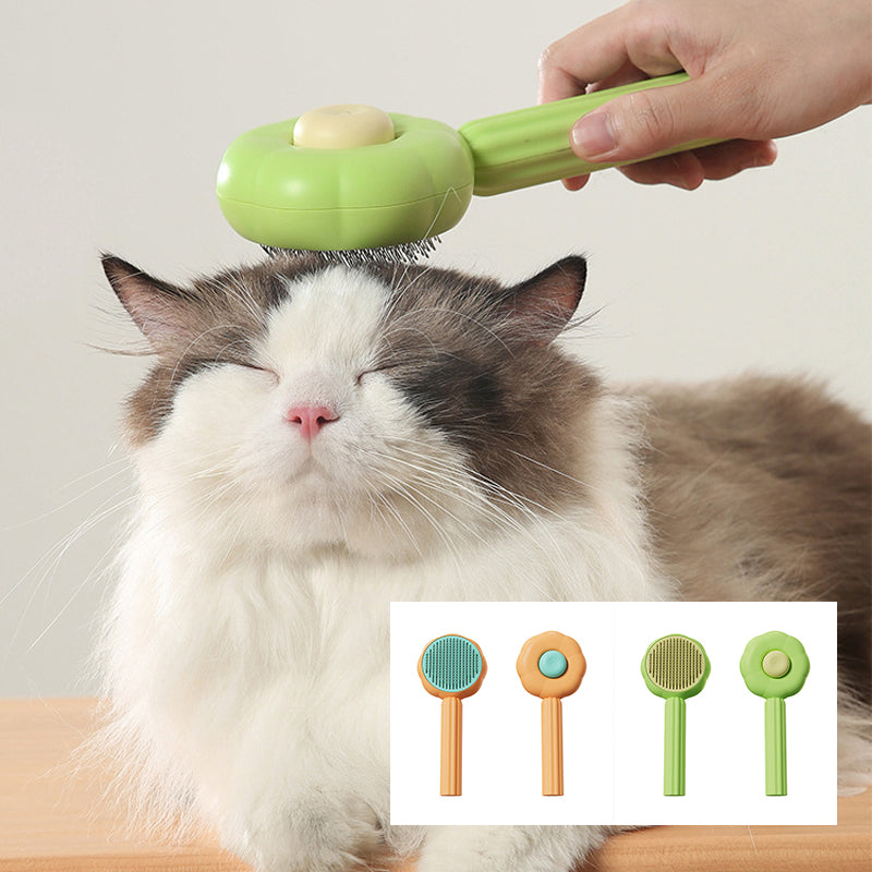 Selvrensende kæledyrsbørste, kaarede børster og ergonomisk håndtag; velegnet til hunde og katte til pelspleje.