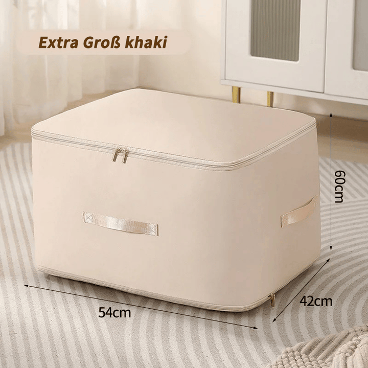 Selvspændende opbevaringspose beige, pladsbesparende, premium nylon, ideel til rejser, nem at bruge og holdbar.