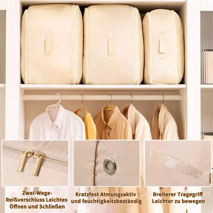 Selvspændende opbevaringspose beige, pladsbesparende, premium nylon, ideel til rejser, nem at bruge og holdbar.