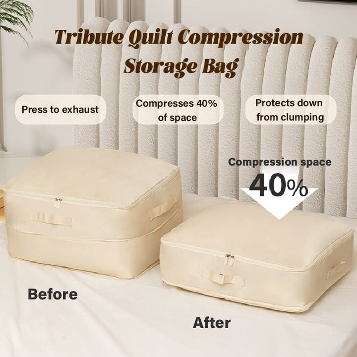 Selvspændende opbevaringspose beige, pladsbesparende, premium nylon, ideel til rejser, nem at bruge og holdbar.