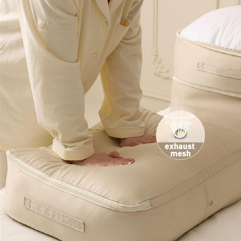 Selvspændende opbevaringspose beige, pladsbesparende, premium nylon, ideel til rejser, nem at bruge og holdbar.