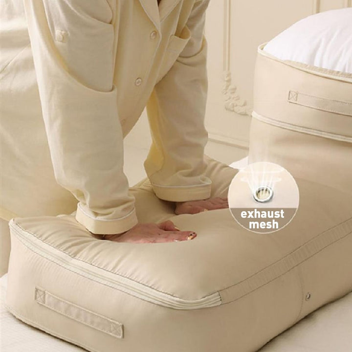 Selvspændende opbevaringspose beige, pladsbesparende, premium nylon, ideel til rejser, nem at bruge og holdbar.