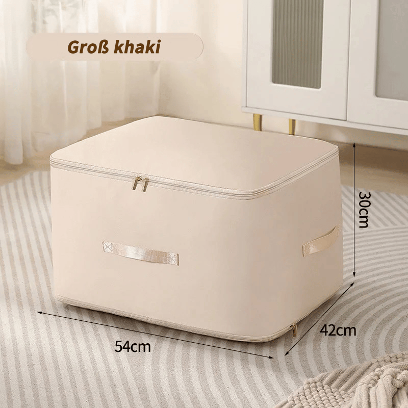 Selvspændende opbevaringspose beige, pladsbesparende, premium nylon, ideel til rejser, nem at bruge og holdbar.