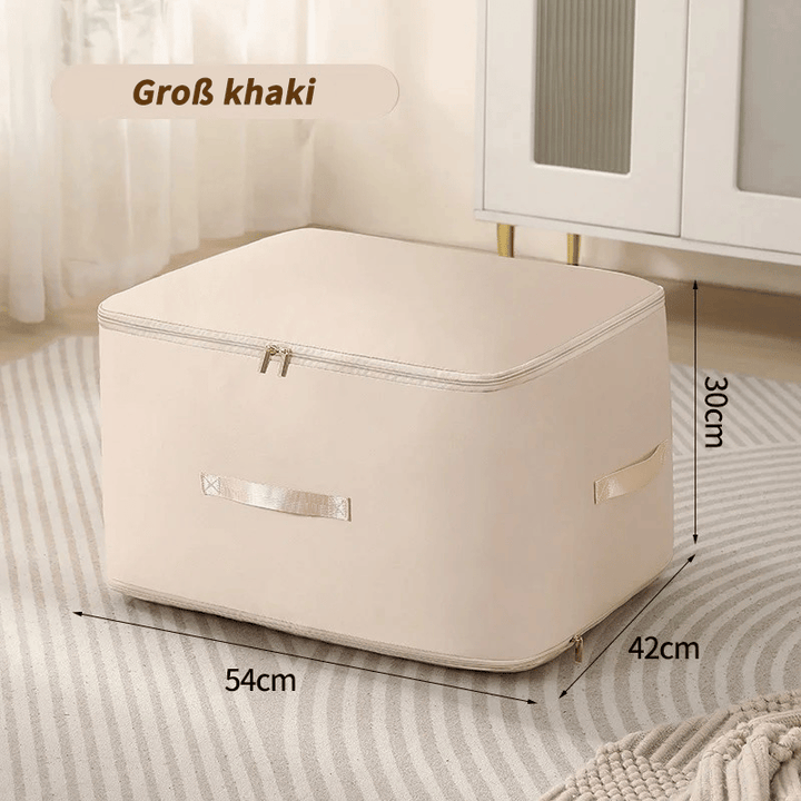 Selvspændende opbevaringspose beige, pladsbesparende, premium nylon, ideel til rejser, nem at bruge og holdbar.