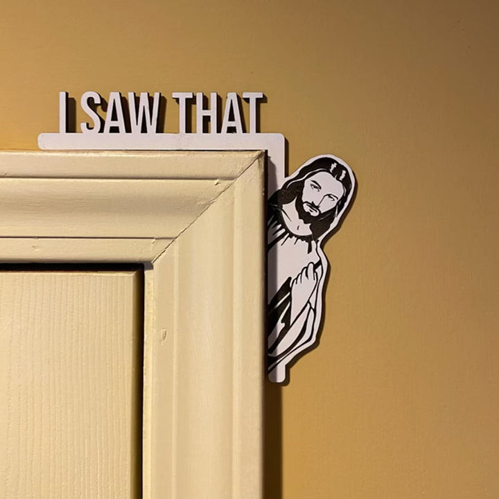 Jeesus-figur til dørkarm, sjov indretningsgenstand, nærbillede, bringer humor ind i hjemmet, let og holdbar.