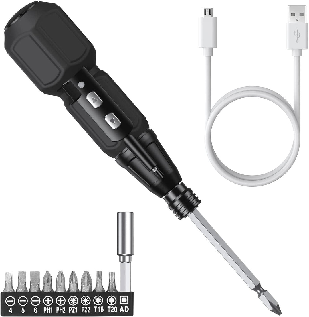 Trådløs LED batteriskruetrækker; kompakt, gummi-greb, USB-opladning, lommevenlig til håndværk og husarbejde.