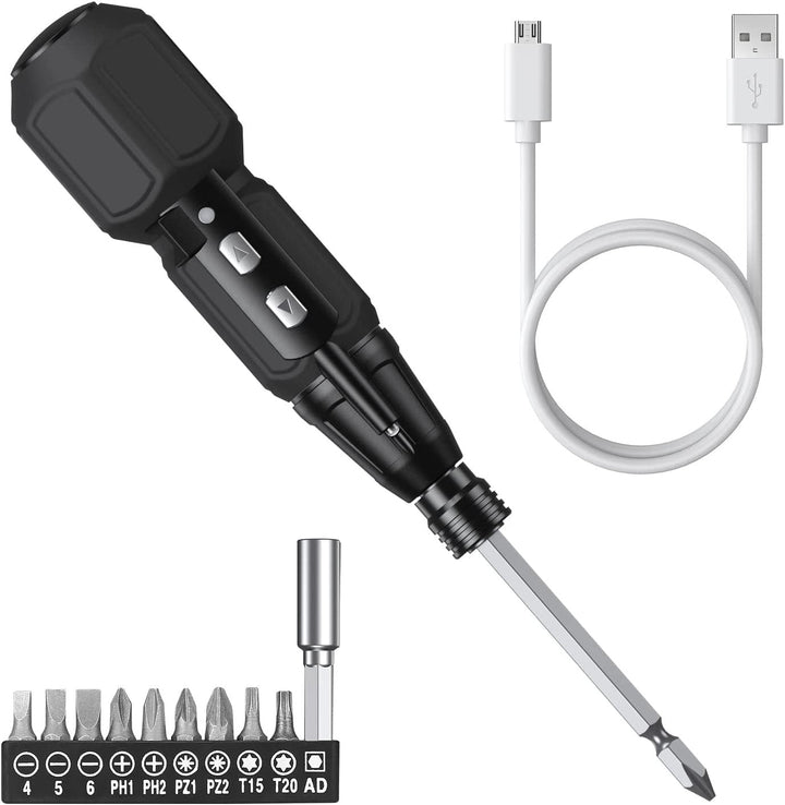Trådløs LED batteriskruetrækker; kompakt, gummi-greb, USB-opladning, lommevenlig til håndværk og husarbejde.