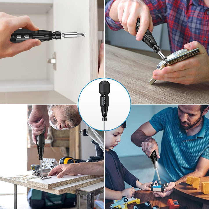 Trådløs LED batteriskruetrækker; kompakt, gummi-greb, USB-opladning, lommevenlig til håndværk og husarbejde.