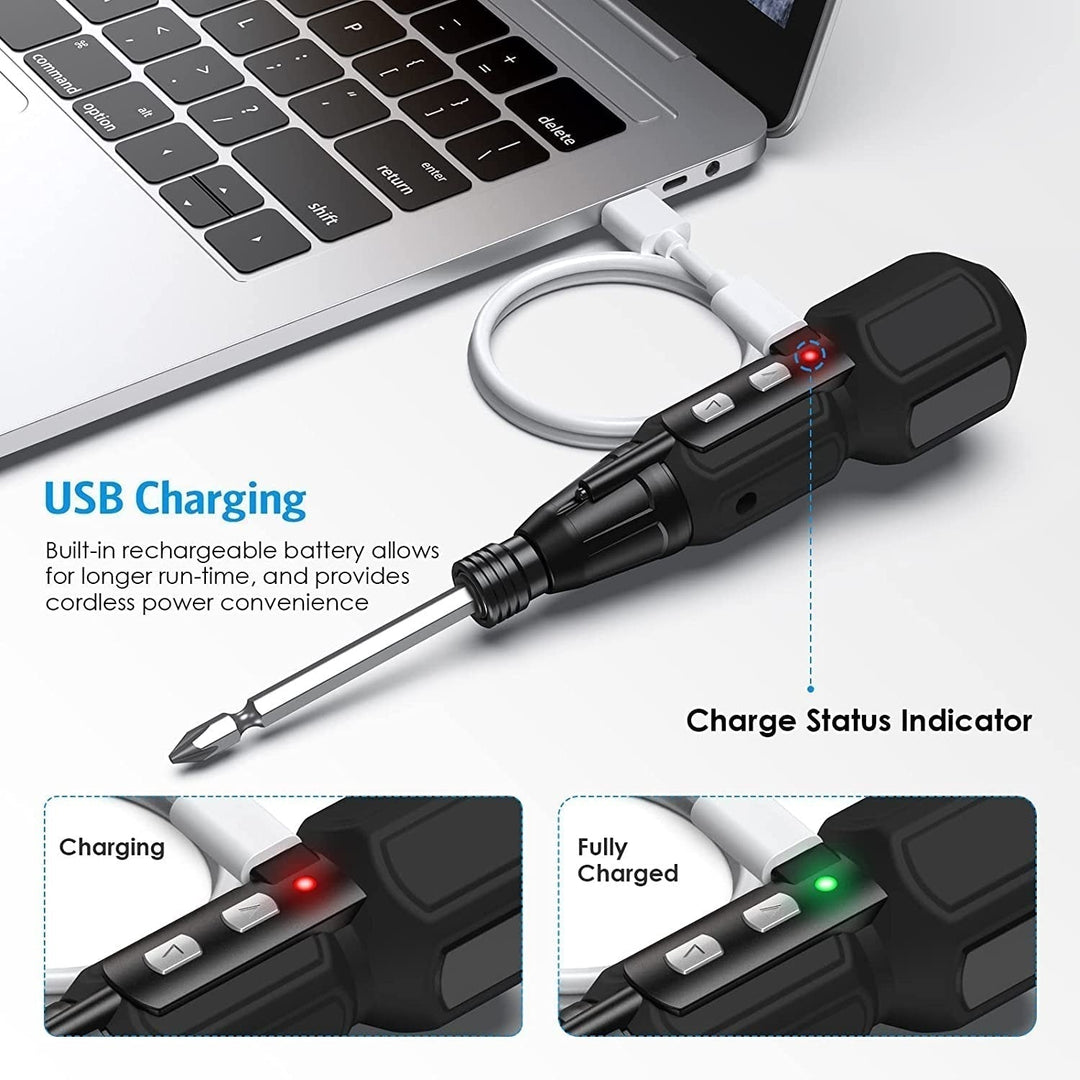 Trådløs LED batteriskruetrækker; kompakt, gummi-greb, USB-opladning, lommevenlig til håndværk og husarbejde.