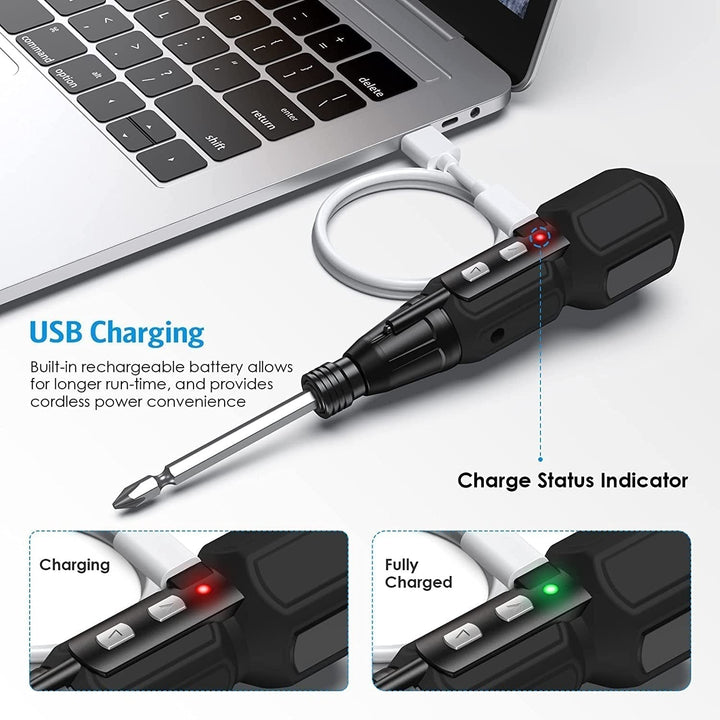 Trådløs LED batteriskruetrækker; kompakt, gummi-greb, USB-opladning, lommevenlig til håndværk og husarbejde.