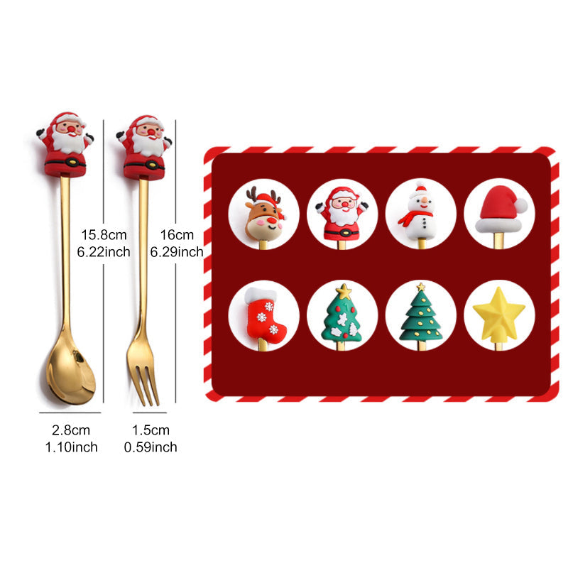 Julebestik sæt i rustfrit stål med dekorativ julemandfigur, guld og sølv farve, perfekt til fest