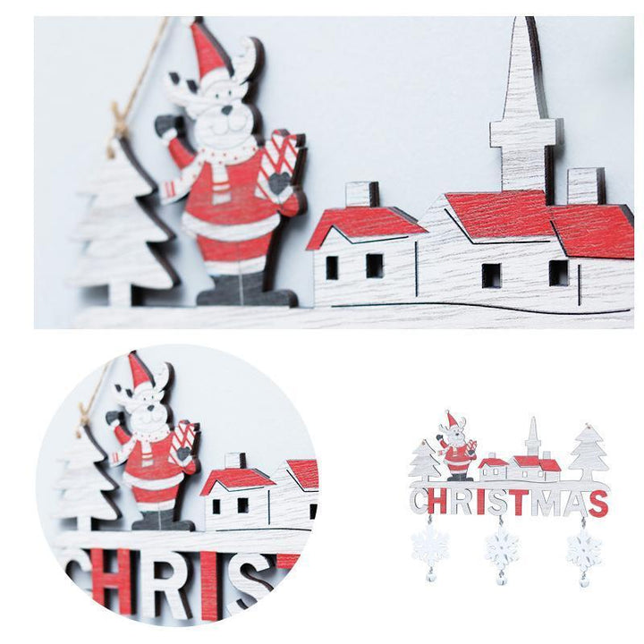 Juletræ dørpynt i træ, med designs som Julemand og Rensdyr, naturlig stil, nem ophængning.