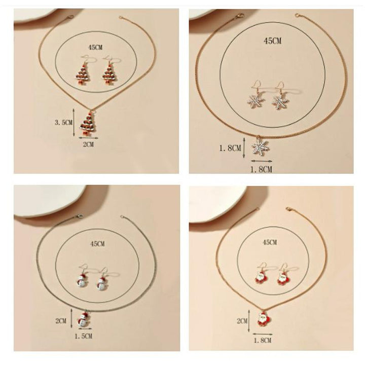 Weihnachtliche Ohrringe und Halsketten, vier Designs: Schneemann, Weihnachtsmann, Weihnachtsbaum, Schneeflocke, Metalllegierung.