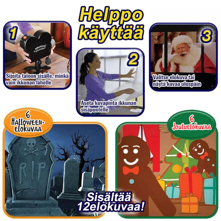Fuld farve julevinduesprojektor med EU-stik, dekorerer vinduer med farverige festtemaer, 72W lampe, 360° justerbar