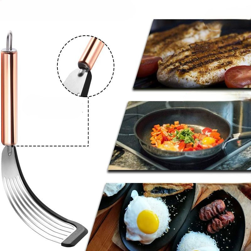 Fleksibel non-stick stegespatel i rustfrit stål til køkkenbrug, med sort håndtag og ergonomisk design, velegnet til pandekager.