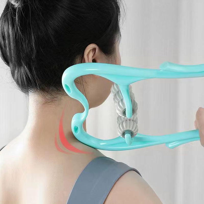 Let og ergonomisk joutsenformet nakkemassageapparat, blå, med kropsstøttende rullende massagehoveder og skridsikkert greb.