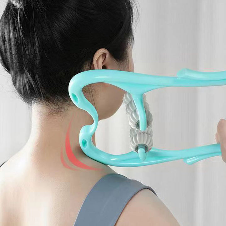 Let og ergonomisk joutsenformet nakkemassageapparat, blå, med kropsstøttende rullende massagehoveder og skridsikkert greb.