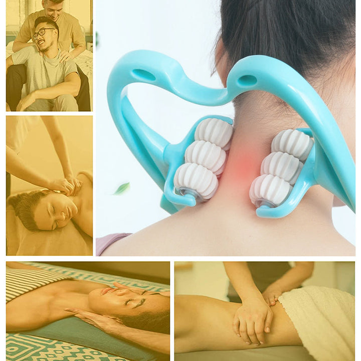Let og ergonomisk joutsenformet nakkemassageapparat, blå, med kropsstøttende rullende massagehoveder og skridsikkert greb.